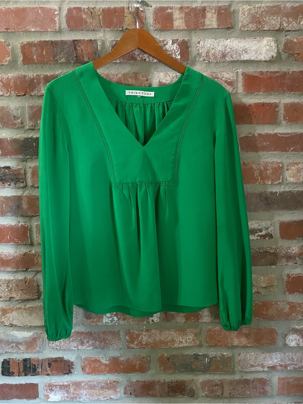 Trina Turk Emerald Green V-Neck Long Sleeve Silk Blouse